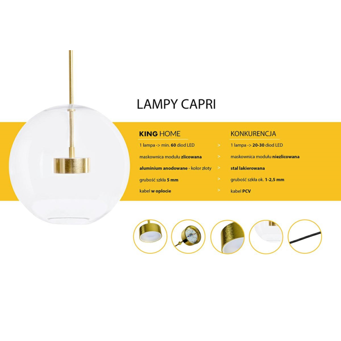 King Home Lampa wisząca CAPRI 6 złota - 60 LED, alumiumium, szkło (XCP9148-1B)