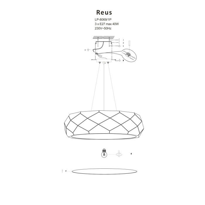 Light Prestige Reus wisząca czarna E27 czarny LP-8069/1P BK