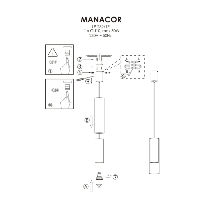 Light Prestige Manacor Lampa wisząca GU10 1x50W czarny/transparentny LP-232/1P BK