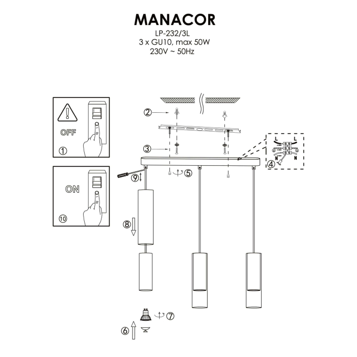 Light Prestige Manacor Lampa wisząca GU10 3x50W czarny/transparentny LP-232/3L BK
