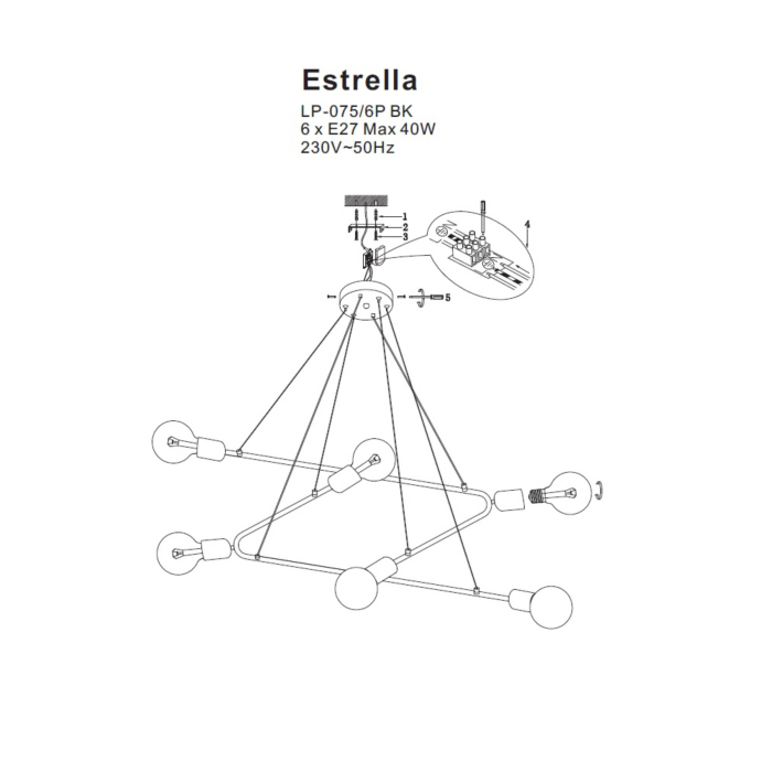 Light Prestige Estrella 6 wisząca czarna E27 czarny + złoty LP-075/6P BK