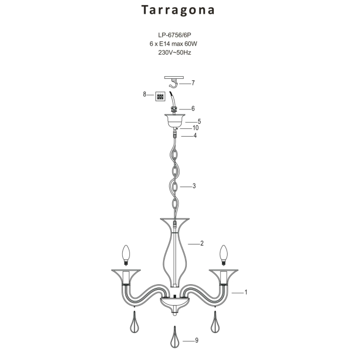 Light Prestige Tarragona 6 wisząca E14 czarny LP-6756/6P